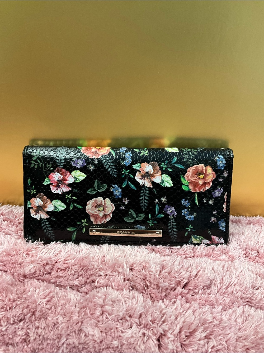Brahmin Black Floral Wallet with Pink & Green Accents